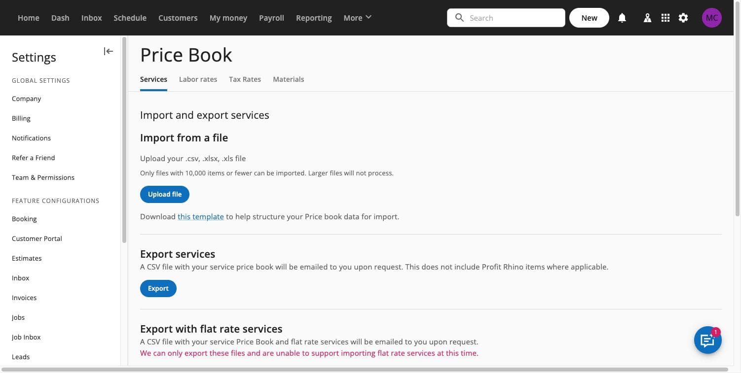 Housecall Pro Price Book settings screen showing the Export services button and the Export with flat rate services section