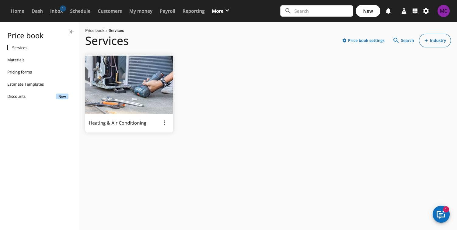 The Housecall Pro Price Book services view in the main app, showing an industry card for Heating and Air Conditioning